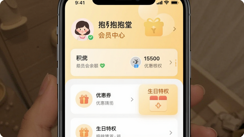 一张手机截图展示抱抱堂APP会员中心页面,顶部显示用户头像和会员等级,下方有积分余额、优惠券列表和“生日特权”入口,背景采用浅黄色渐变,整体温馨,文字清晰