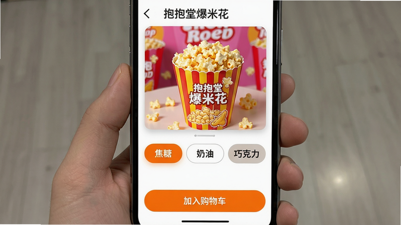 一张手机截图显示抱抱堂APP商品详情页,页面顶部有“抱抱堂爆米花”标题和产品实拍图,中间为口味选择按钮(焦糖、奶油、巧克力),底部有“加入购物车”橙色按钮,布局简洁,画质清晰