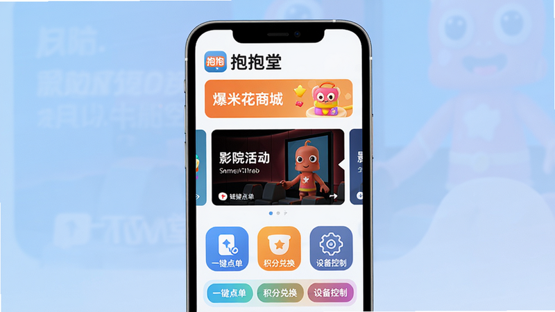 主体:抱抱堂App的主界面展示,智能手机屏幕居中显示,上方有“抱抱堂”logo和“爆米花商城”入口,中间是影院活动轮播图,下方是TMS操控面板图标。布局:手机竖屏居中,背景为柔和的渐变蓝色。排版:图标和文字清晰,界面简洁现代。风格:扁平化UI设计,色彩明亮,细节:屏幕上有“一键点单”“积分兑换”“设备控制”三个按钮,画质:高清,干净无多余元素。文字需包含“抱抱堂”。