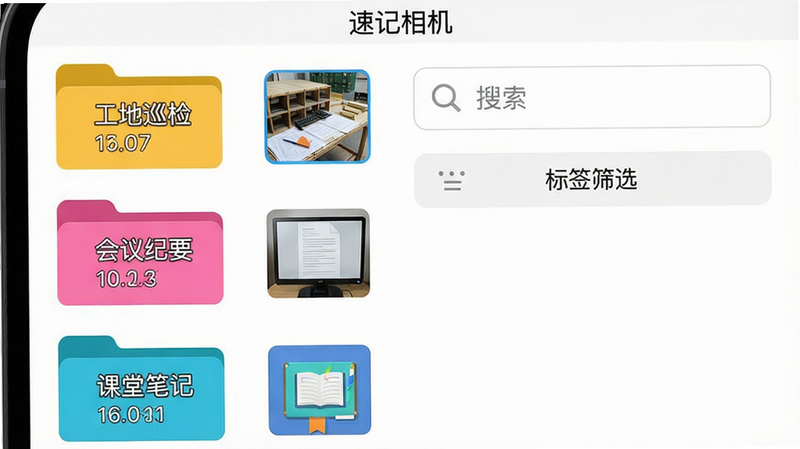 一张展示速记相机文件管理界面的手机截图。界面采用列表视图,左侧显示多个彩色文件夹,如“工地巡检”、“会议纪要”、“课堂笔记”,每个文件夹旁有缩略图数量。右侧是一个搜索框,下方有“标签筛选”按钮。整体布局清晰,色彩明快,画质细腻,干净无多余元素,图片中可见“速记相机”应用名称。