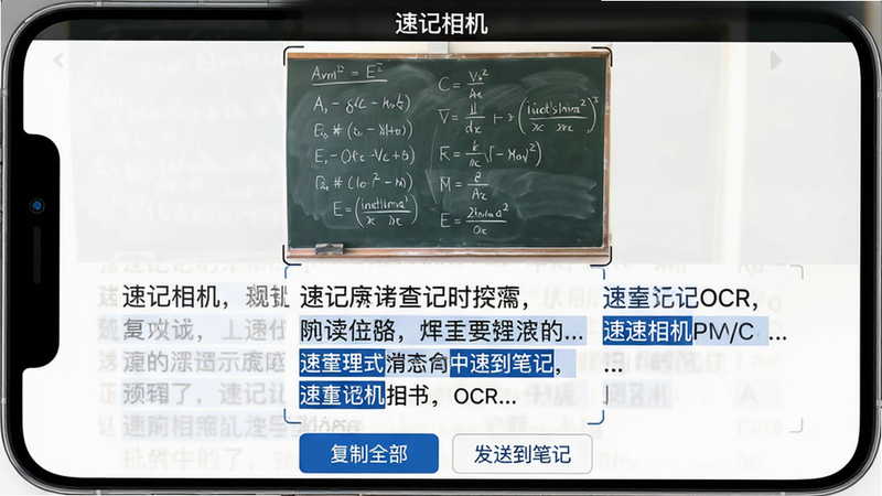 一张手机屏幕截图,显示速记相机的OCR识别结果界面。上方是原始照片(一张写满公式的黑板),下方是识别出的文字区域,文字以黑色字体显示在白色背景上,部分关键词被蓝色高亮。界面底部有“复制全部”、“发送到笔记”按钮。整体风格简洁,画质干净,无多余元素,图片中带有“速记相机”字样的标题栏。
