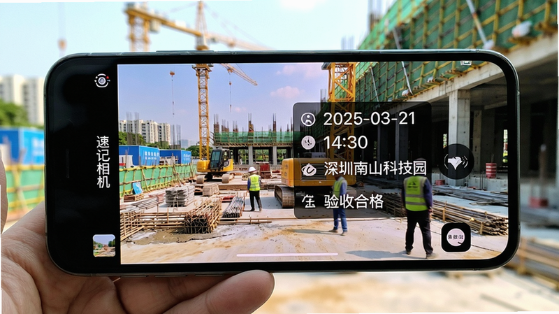 画面展示一部手机横屏拍摄建筑工地场景,取景框内出现半透明水印编辑界面,水印包含日期“2025-03-21”、时间“14:30”、地点“深圳南山科技园”、备注“验收合格”。手机屏幕左侧显示“速记相机”字样,背景为工地产线,风格明亮清晰,细节丰富,画质纯净,无多余元素。
