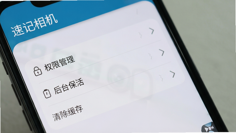 手机屏幕显示速记相机设置界面,包含“权限管理”、“后台保活”、“清除缓存”等选项,背景为系统设置样式,左上角有“速记相机”文字,画面简洁清晰,画质高清,无多余元素。