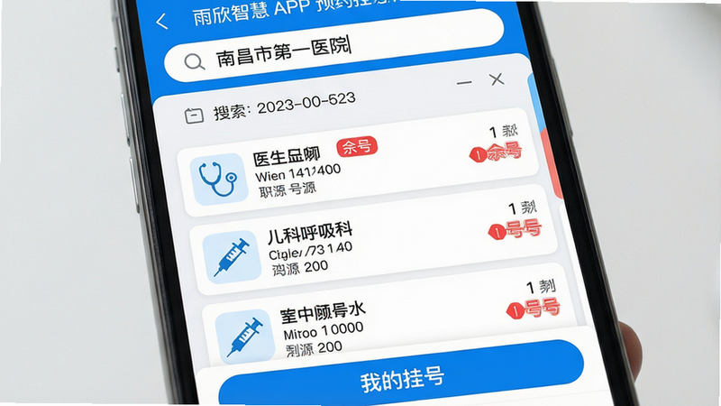 主体:手机屏幕展示雨欣智慧APP预约挂号页面,布局:顶部搜索框输入“南昌市第一医院”,中部列表显示儿科、呼吸科等科室及剩余号源数字,底部为“我的挂号”按钮,排版:清晰列表布局,每个科室卡片上标注医生姓名、职称、号源数量,风格:清新简约,蓝白配色,医疗界面风格,细节:日期选择器、科室图标(听诊器、注射器)、“余号”红色标记,画质:高清,无多余元素,文字需包含“雨欣智慧预约挂号”。