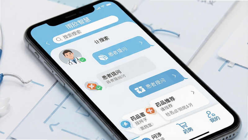 主体:雨欣智慧APP界面展示,布局:手机屏幕上显示医生在线问诊对话界面,包含医生头像、患者提问框、药品推荐卡片,排版:顶部搜索栏,中部聊天窗口,底部功能菜单(问诊、挂号、药房、我的),风格:扁平化设计,浅蓝色为主色调,医疗风格,细节:对话气泡、药盒图标、医院认证标识,画质:高清写实,干净明亮,无多余元素,文字需包含“雨欣智慧”标题。