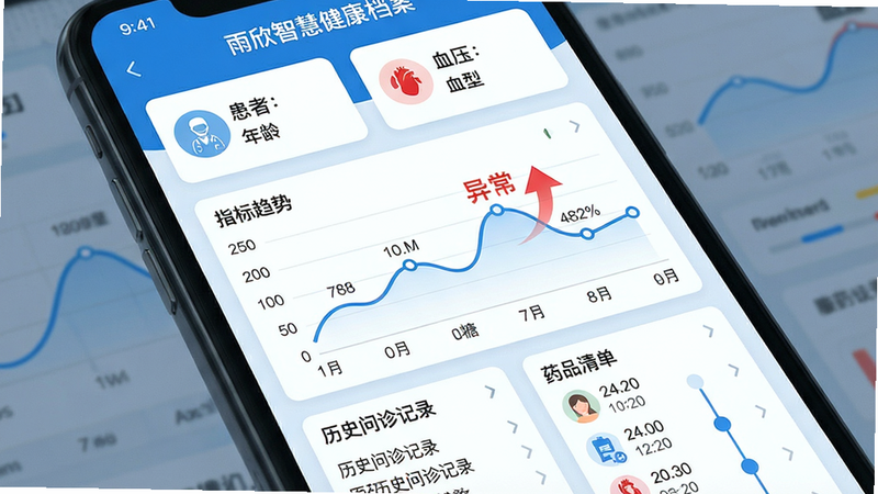 主体:手机屏幕展示健康档案页面,布局:顶部为患者姓名、年龄、血型卡片,中部为指标趋势折线图(血糖、血压),下方列表为历史问诊记录和药品清单,排版:卡片式布局,图表采用曲线+数据点,风格:医疗数据可视化风格,蓝色主调,细节:红色箭头标注异常值、服药记录时间轴,画质:高清,无杂乱,文字需包含“雨欣智慧健康档案”。