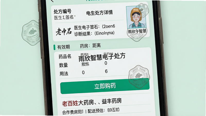 主体:手机屏幕显示电子处方详情页,布局:上部显示处方编号、医生电子签名、诊断结果,中部列出药品清单(药品名、规格、数量、用法),下部为“立即购药”按钮及合作药房列表(老百姓大药房、益丰药房),排版:自上而下单列信息流,风格:证件照式设计,带防伪水印,背景为淡绿色,细节:处方有效期、药房距离、配送费预估,画质:干净,无多余元素,文字需包含“雨欣智慧电子处方”。