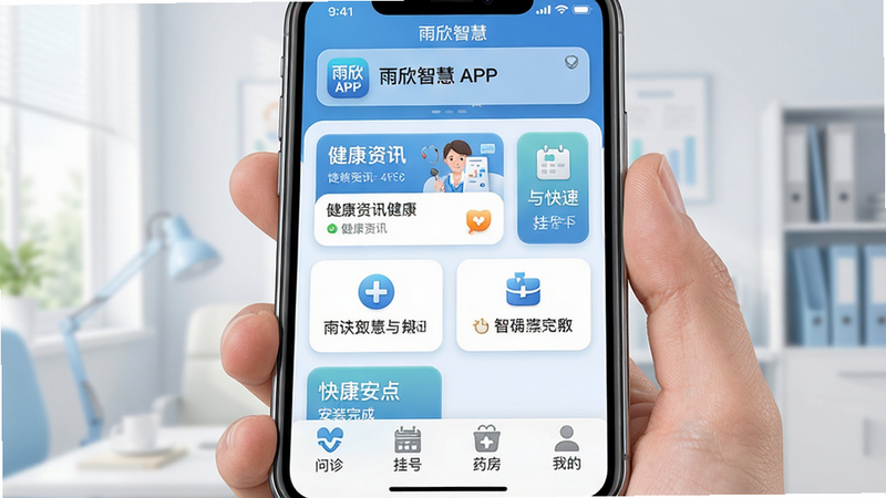 主体:手机屏幕上显示雨欣智慧APP安装完成后的主界面,布局:底部四个导航图标(问诊、挂号、药房、我的),中间区域展示健康资讯卡片与快捷入口,排版:卡片式布局,色彩清新,风格:拟物化设计,蓝白基调,细节:状态栏显示“雨欣智慧”名称、通知遮罩,画质:4K细腻,干净无多余元素,文字需包含“雨欣智慧”APP图标及标题。