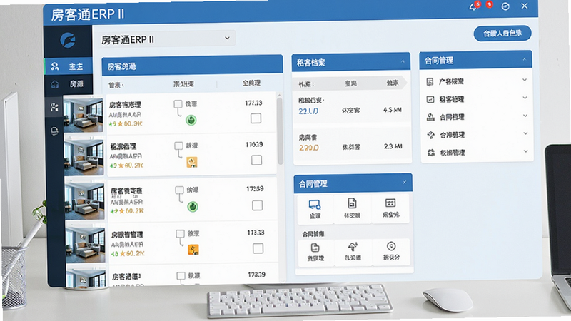 一张展示房客通ERP II软件主界面的截图,背景为简约办公桌面,界面包含房源列表、租客档案、合同管理等模块,以蓝色为主色调,排版清晰,细节丰富,画质高清,干净无多余元素,文字标注