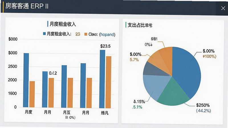 房客通ERP II财务统计界面预览图,展示柱状图和饼图,显示月度租金收入、支出占比,界面简洁,数据清晰,颜色搭配专业,画质高清