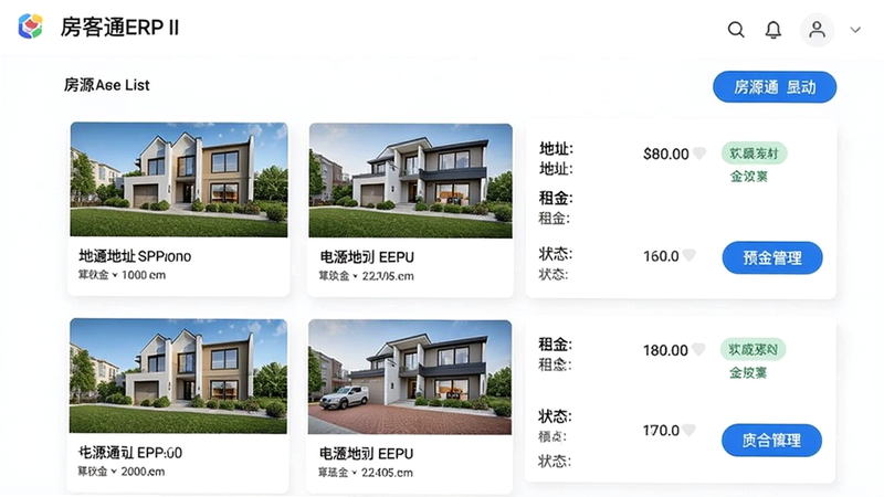 房客通ERP II房源管理界面预览图,展示房源列表页,包含房源图片、地址、租金、状态标签,采用卡片式布局,白色背景配蓝色按钮,干净整洁,画质高清