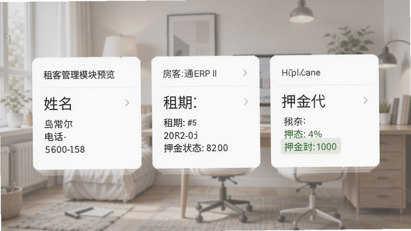 房客通ERP II租客管理模块预览图,显示租客信息卡片,包含姓名、电话、租期、押金状态,背景柔和,排版规整,文字清晰,画质细腻