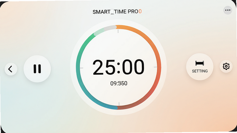 主体为SMART TIME PRO番茄钟计时界面,布局中央是一个圆形倒计时,周围有开始暂停按钮和设置选项,排版对称,风格简约清新,细节包括进度环、数字时间显示、背景柔和渐变,画质清晰干净,屏幕上显示“25:00”计时