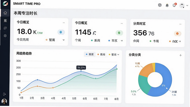 主体为SMART TIME PRO数据统计界面,布局上方是今日概览卡片,下方为周趋势折线图和分类饼图,排版有序,风格现代数据可视化,细节包括不同颜色区分、数据标签、干净背景,画质高清,显示“本周专注时长”标题