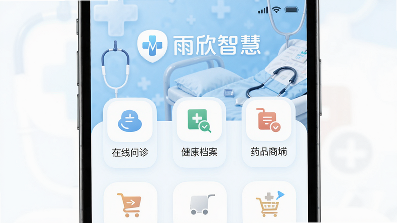 雨欣智慧APP主界面截图,上方显示'雨欣智慧'Logo,下方有在线问诊、健康档案、药品商城等图标,背景为浅蓝色医疗风格,界面简洁干净,布局清晰,画质高清,无多余元素
