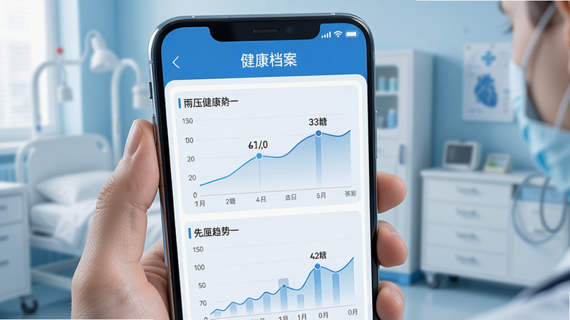 雨欣智慧健康档案功能界面,展示个人健康数据图表,包括血压、血糖等指标趋势,页面美观,数据可视化,蓝色医疗风格,手机屏幕显示'健康档案'字样,画质高清