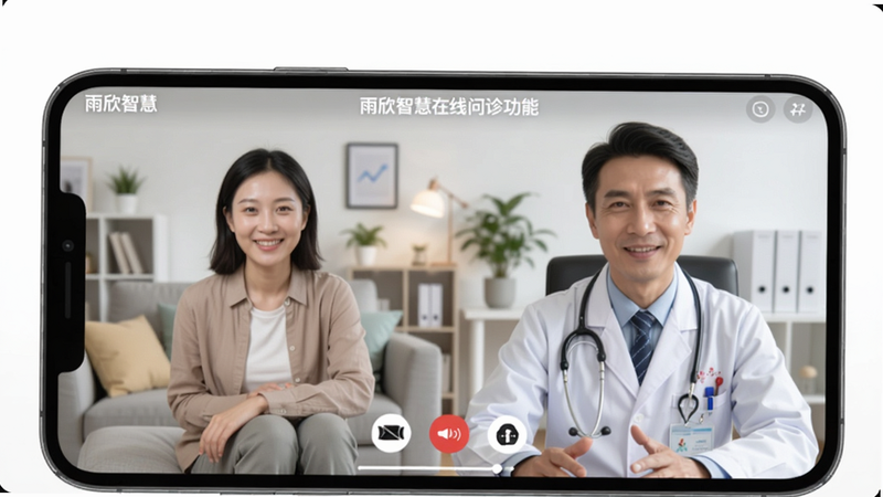 雨欣智慧在线问诊功能截图,医生与患者视频通话界面,医生穿着白大褂,患者在家中,手机屏幕显示'雨欣智慧'字样,界面友好,画质清晰,干净无杂乱背景