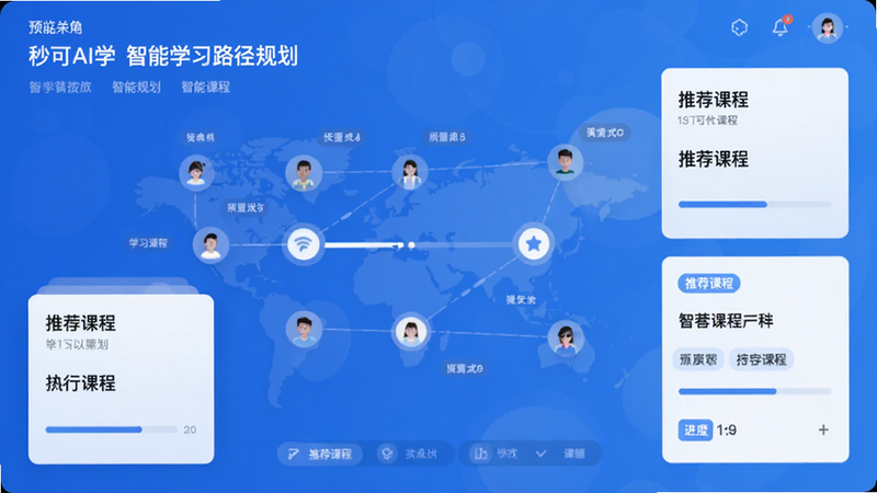 秒可AI学 智能学习路径规划界面预览图,展示个性化学习路线图,节点分布清晰,有进度条和推荐课程标签,蓝色渐变背景,卡片式布局,风格简洁现代,画质清晰干净