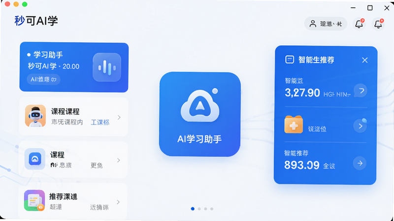 秒可AI学 软件主界面预览图,展示课程列表、AI学习助手图标、智能推荐模块,现代简约风格,蓝色科技色调,高清画质,干净整洁,无多余元素,居中构图,画质细腻