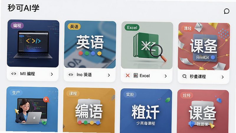 秒可AI学 海量精品课程列表界面预览图,展示不同分类课程封面图,有编程、英语、Excel等标签,网格布局,色彩丰富,风格现代,画质清晰,无多余元素