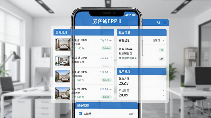 一张展示房客通ERP II软件主界面的手机截图,背景为浅色商务风格,主体是手机屏幕,显示房源列表、租客信息、账单管理等模块,布局清晰,排版整洁,主色调为蓝色,画质高清,细节丰富,干净无多余元素,屏幕上方有'房客通ERP II'字样