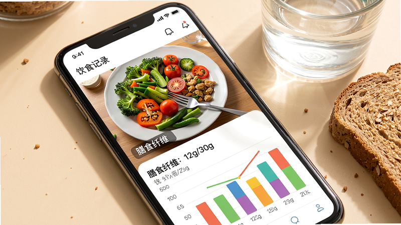 主体:手机屏幕显示助变的饮食记录页面,一张餐盘照片旁标注“膳食纤维:12g/30g”。布局:手机半俯视角度,旁边放着一杯水和一片全麦面包。排版:页面分上下两部分,上为照片,下为数据图表。风格:生活感强,暖色调。细节:照片中的蔬菜清晰可见,图表为柱状图,颜色鲜艳。画质:高分辨率,干净,无多余元素。