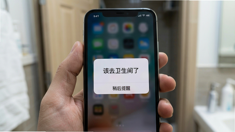 主体:一只手拿着手机,屏幕显示助变APP的提醒弹窗,上面写着“该去卫生间了”。布局:手部特写,手机占画面主要部分,背景模糊的卫生间门。排版:弹窗居中,下方有“稍后提醒”按钮。风格:生活实拍感,自然光线。细节:手指自然握持,屏幕亮度适中,弹窗文字清晰锐利。画质:4K,干净,无多余元素。