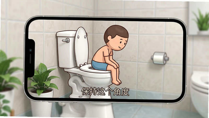 主体:手机横屏显示助变的姿势指导动画,一个卡通小人坐在马桶上呈35度前倾。布局:手机居中,背景为卫生间瓷砖墙。排版:动画占屏幕大半,下方文字提示“保持这个角度”。风格:卡通与实景结合,色彩柔和。细节:卡通小人线条简单,马桶细节清晰,墙角有绿植装饰。画质:高清,干净,无多余元素。