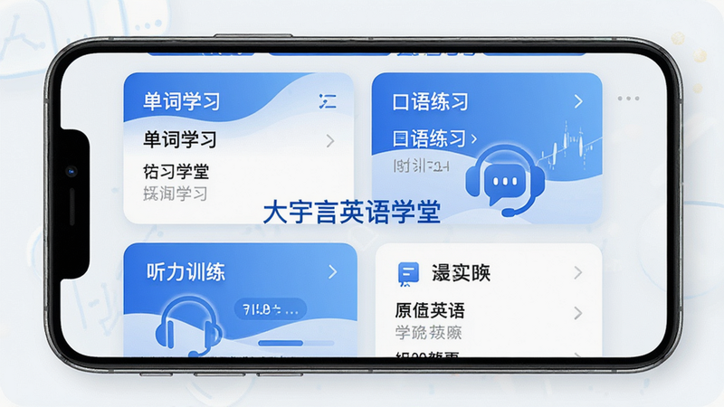 一幅展示大宇言英语学堂App主界面的高清截图,主体为手机屏幕,界面布局分为'单词学习'、'口语练习'、'听力训练'等卡片,整体风格现代简约,色彩以蓝色为主色调,细节清晰,画质干净,屏幕中央显示'大宇言英语学堂'字样,无多余元素。