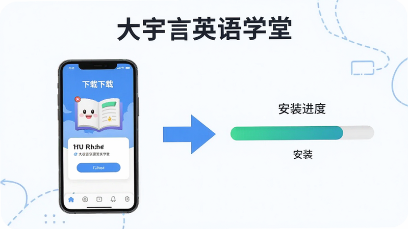 大宇言英语学堂安装步骤图示,展示手机下载页面与安装进度条,背景简洁,步骤箭头标注清晰,风格教程类,画质高清。