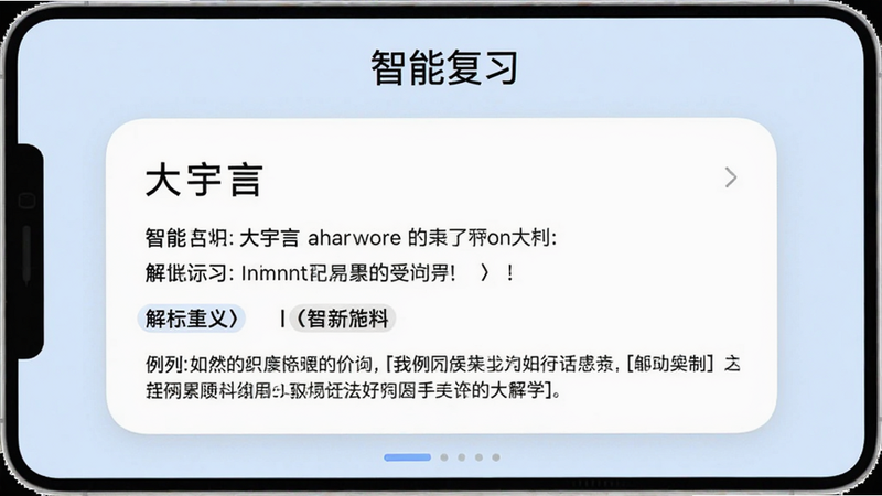 大宇言英语学堂智能记忆界面截图,主体显示单词复习卡片,布局包含单词、释义、例句,背景淡蓝,卡片圆角设计,风格清新,画质清晰,干净无多余元素,屏幕上方有'智能复习'标题。