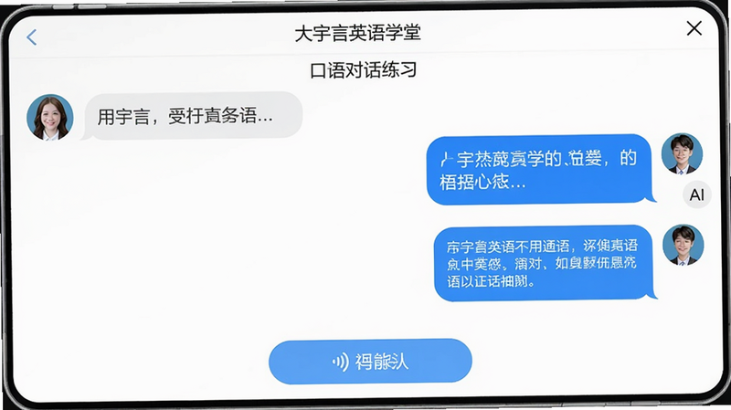 大宇言英语学堂口语对话练习界面,主体展示用户与AI的聊天框,左侧用户消息,右侧AI回复,底部有语音输入按钮,界面风格类似即时通讯,干净简洁,画质高清,无多余元素。