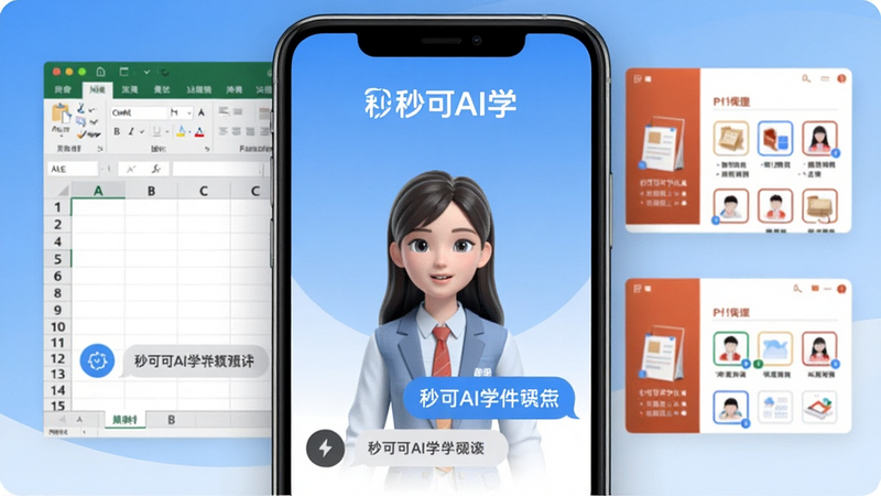 一张展示秒可AI学软件主界面的图片,主体为智能手机屏幕,屏幕中显示AI虚拟导师与学员对话气泡,背景有Excel表格和PPT幻灯片缩略图,整体采用蓝白渐变配色,布局居中,风格现代简约,画质高清,干净无多余元素,屏幕上方有“秒可AI学”logo文字