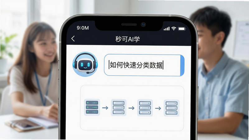 一张展现AI导师与学员互动的图片,主体是手机屏幕上的对话界面,左侧AI头像带耳机,右侧用户输入框显示“如何快速分类数据”,下方有步骤分步图示,背景模糊虚化,风格清新明亮,画质细腻,文字“秒可AI学”出现在顶部状态栏