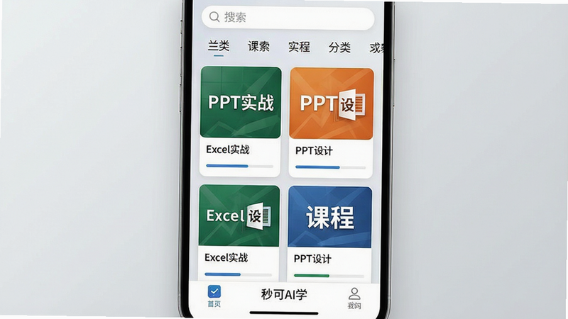 一张展示课程列表界面的图片,主体为手机纵向排列的课程卡片,每张卡片包含课程封面缩略图、标题和进度条,顶部有搜索框和分类标签,背景为浅灰渐变,整体布局整齐,风格杂志风,画质高清,卡片上可见“Excel实战”“PPT设计”等字样,软件名称“秒可AI学”显示在底部导航栏