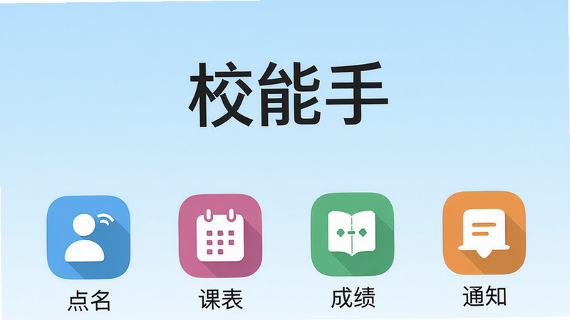 校能手软件主界面截图,手机竖屏,上方显示应用名称“校能手”,下方排列四个功能图标:点名、课表、成绩、通知,图标为彩色扁平化风格,背景浅蓝色渐变,排版居中,细节清晰,画质高清,干净无多余元素