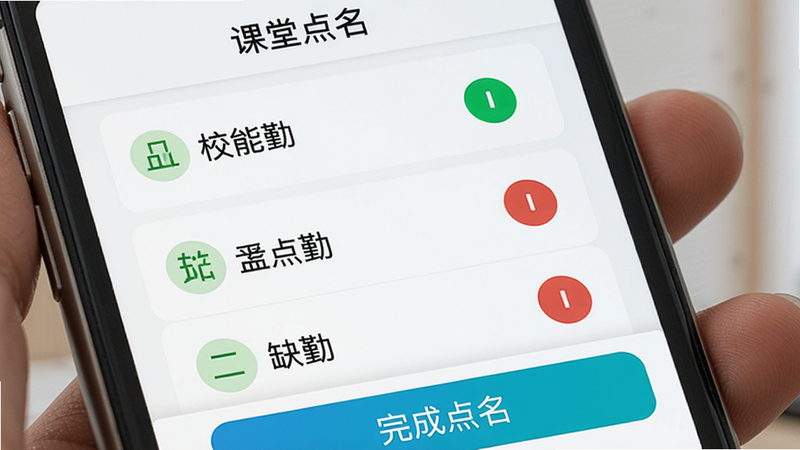 校能手点名功能界面,手机屏幕显示学生名单,每个学生姓名旁有绿色或红色圆圈表示出勤或缺勤,底部有“完成点名”按钮,顶部标题“课堂点名”,背景白色,排版整齐,画质清晰,无多余元素