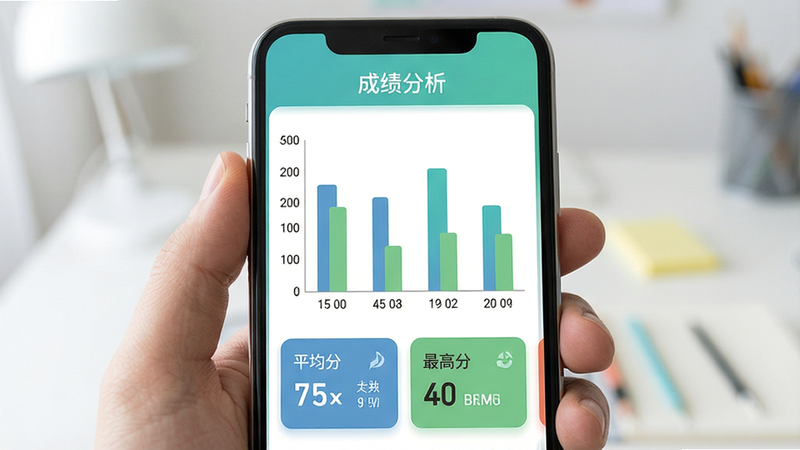 校能手成绩分析界面,手机屏幕显示柱状图展示各分数段人数分布,下方有平均分、最高分等数据卡片,整体风格简洁,配色清新,图表清晰,画质高清,无多余元素,顶部标题“成绩分析”