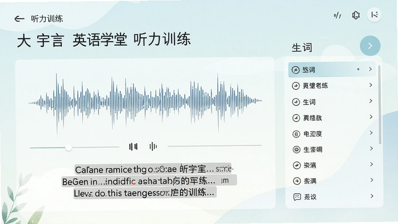 大宇言英语学堂听力训练页面,展示正在播放的音频波形,下方有中英文字幕,右侧有生词列表,界面风格简约,背景淡雅,画质清晰。