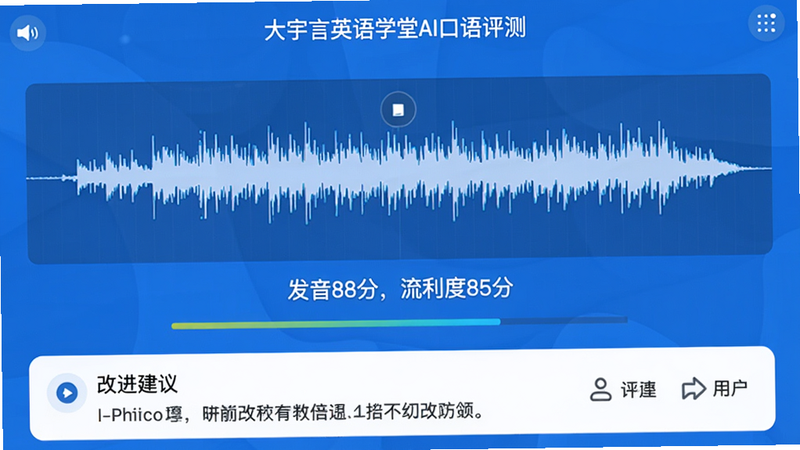 大宇言英语学堂AI口语评测界面截图,显示用户录音波形图,评分结果“发音88分,流利度85分”,下方有改进建议文字,界面以蓝色为主色调,布局清晰,画质干净。