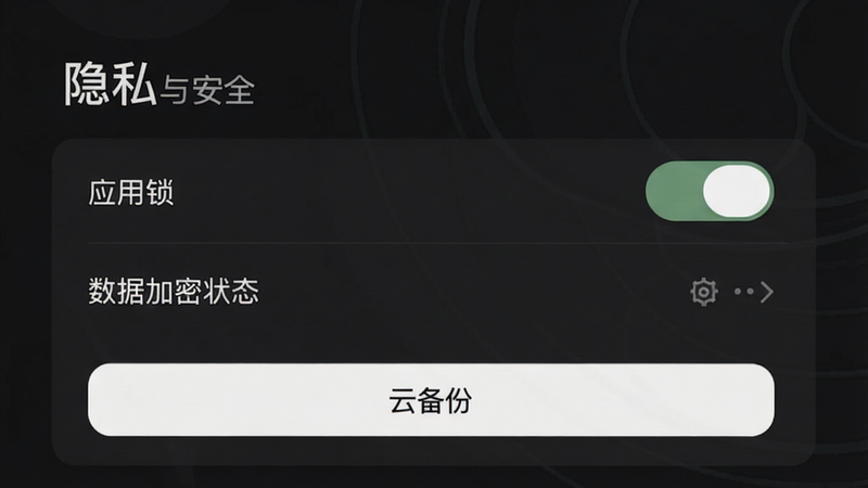 尘迹App的设置页面,显示“隐私与安全”区域,包括“应用锁”开关、“数据加密”状态、“云备份”按钮,背景为深色模式,文字为白色,界面简洁,画质干净,无多余元素