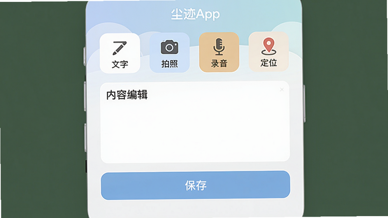 尘迹App中创建一条新记录的界面,展示多种输入方式:顶部有“文字”“拍照”“录音”“定位”四个图标按钮,中间是内容编辑区,底部有保存按钮,界面采用卡片式设计,色彩柔和,文字清晰,画质干净,无多余元素