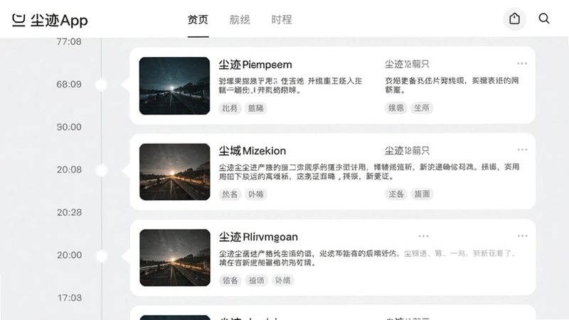 尘迹App的时间线界面,左侧显示日期轴,右侧是卡片式记录列表,每张卡片包含缩略图、标题、摘要和标签,整体布局整齐,颜色以白色和浅灰为主,风格扁平,画质清晰,无多余元素