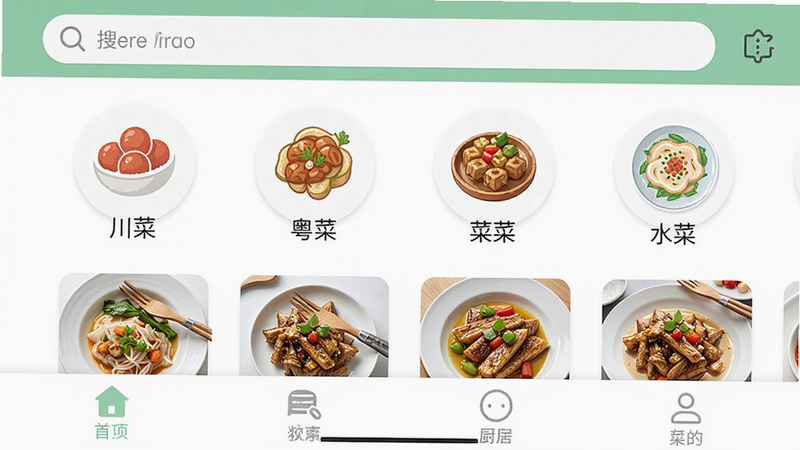 网上厨房菜谱app主界面截图,顶部搜索栏,中部美食分类图标如川菜、粤菜,底部导航栏,整体风格清新简约,画质清晰干净,无多余元素。