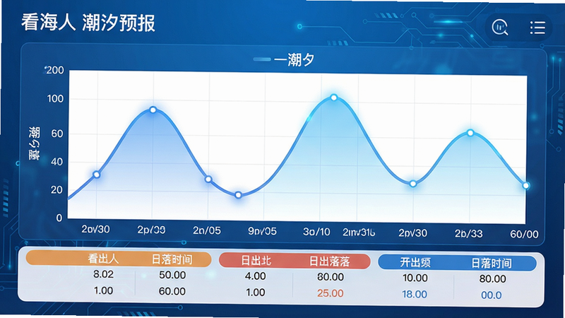 提示词:看海人潮汐预报界面,清晰展示一周的潮汐曲线图,横轴为日期,纵轴为潮高,曲线平滑,下方有日出日落时间表,风格简洁科技感,蓝色主调,画质高清,干净无多余元素,文字标注'看海人 潮汐预报'。
