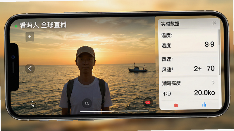 提示词:看海人软件中的海洋直播界面,手机横屏显示,左侧是直播视频窗口,右侧是实时数据面板,显示温度、风速、潮汐高度,背景为金色的日落海面,风格写实,画质细腻,干净无多余元素,文字标注'看海人 全球直播'。