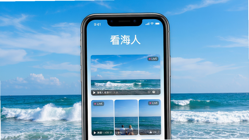 提示词:看海人应用主界面展示,智能手机屏幕上显示着多个海洋直播窗口,背景是蓝天白云与海浪,界面简洁现代,色彩清新,画质高清,干净无多余元素,文字标注'看海人'logo。