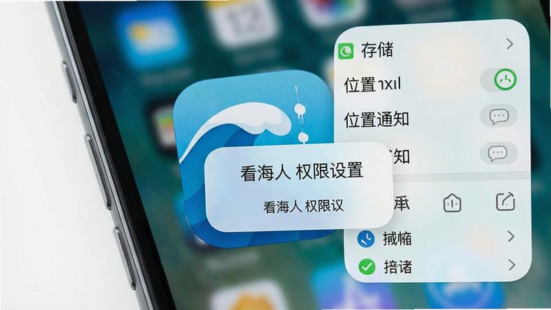 提示词:看海人应用安装截图,手机桌面图标为蓝色波浪图案,周围有权限授予弹窗,显示存储、位置、通知等权限列表,风格真实,干净无多余元素,文字标注'看海人 权限设置'。