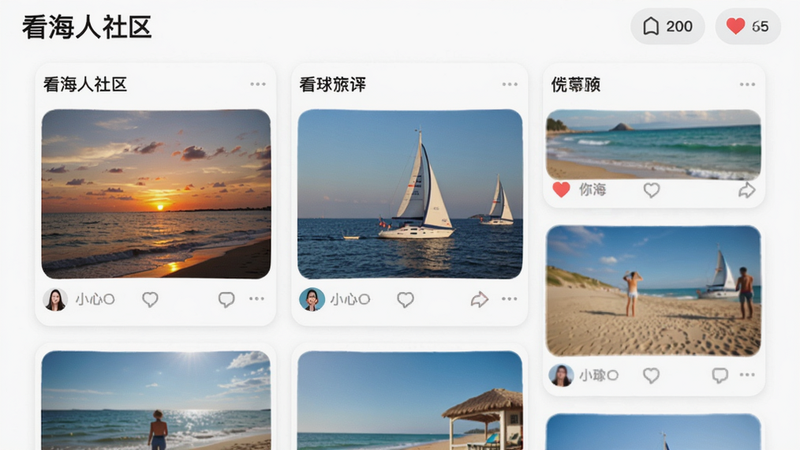 提示词:看海人社区页面,用户发布的海边照片墙,有精美的日落、帆船、沙滩等照片,界面类似小红书风格,卡片式布局,色彩鲜艳,画质细腻,干净无多余元素,文字标注'看海人 社区'。