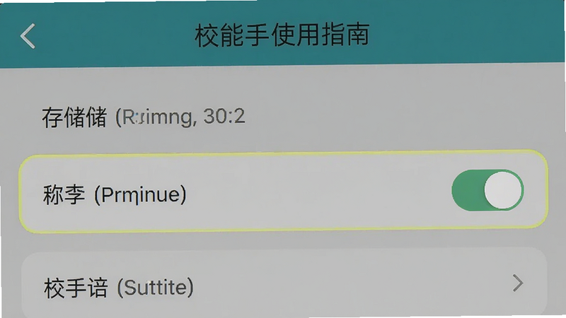校能手使用指南截图,展示手机设置界面中应用权限管理页面,突出显示存储权限开关,背景为系统设置风格,清晰干净。